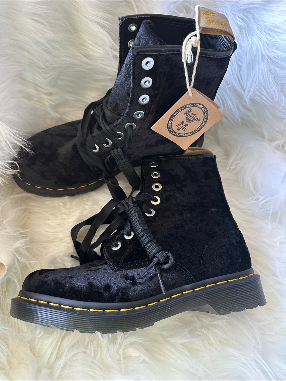Dr. Martens Black Velvet Lace-Up Ankle Boots with Yellow Stitching